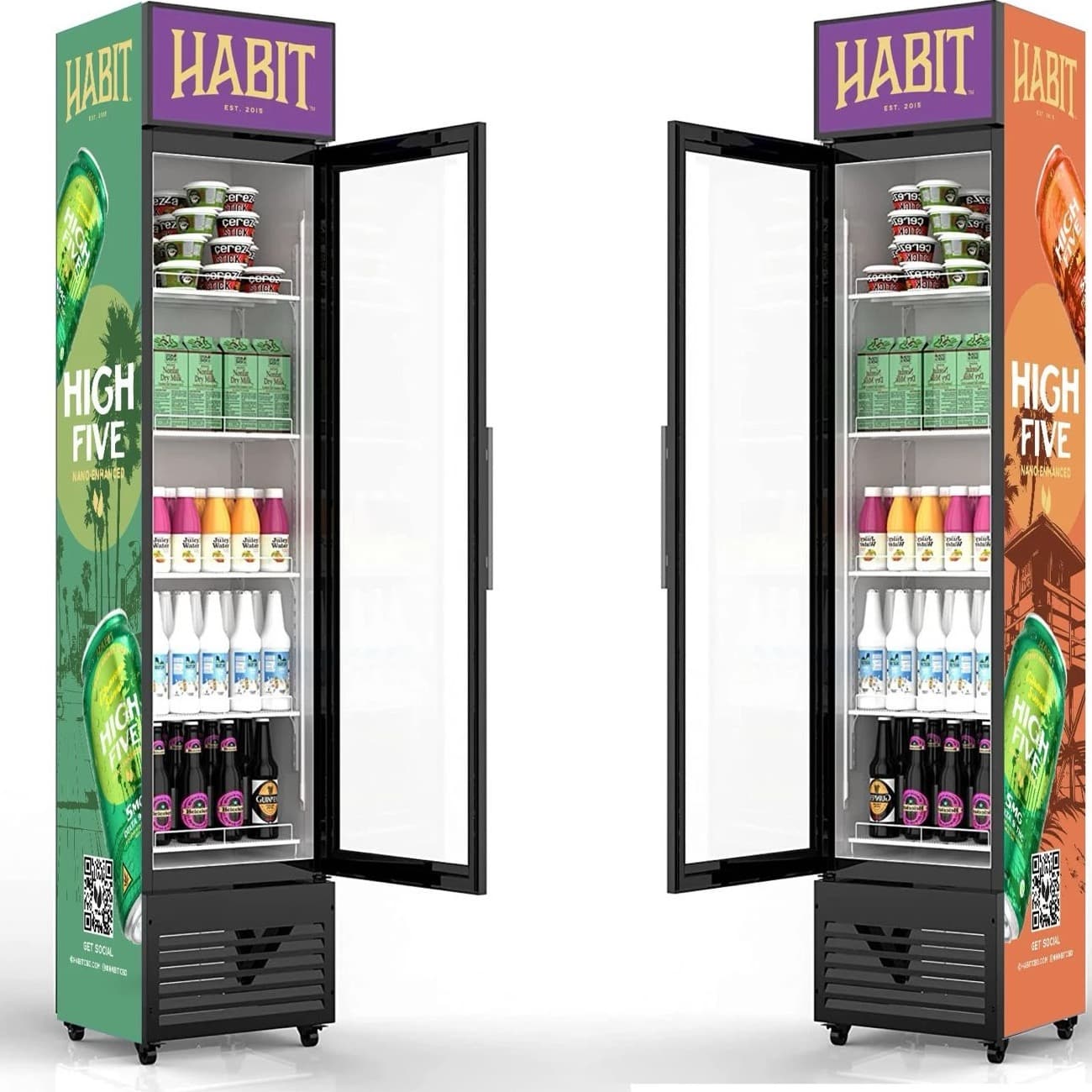 Habit glass-door fridges in the green and orange High Five designs
