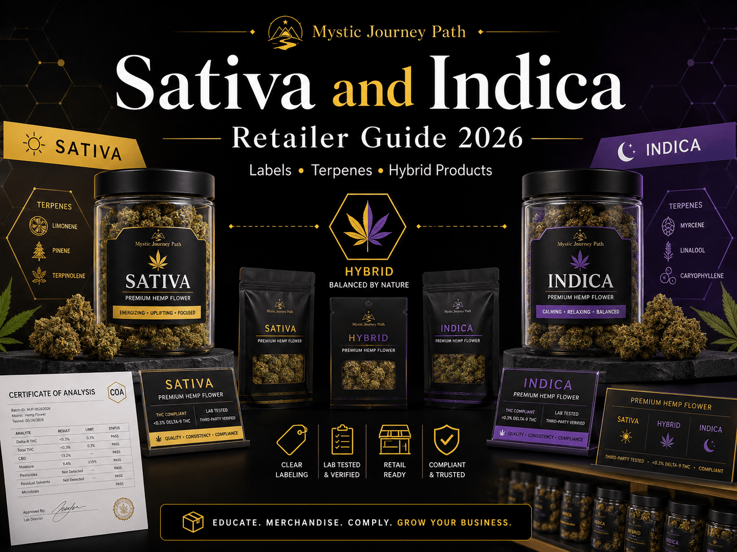 Sativa and Indica for Retailers:
Labels, Terpenes & Hybrid Products (2026) - Mystic Journey Path