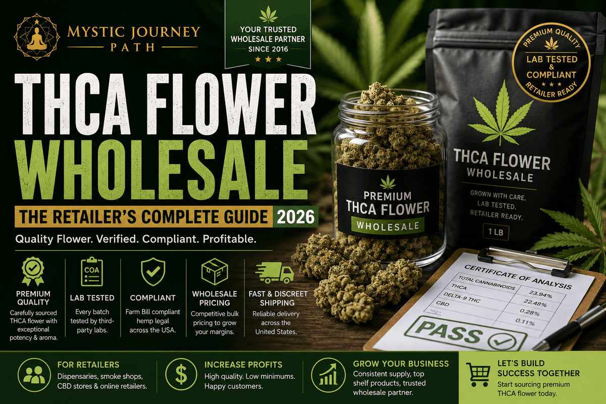THCA Flower Wholesale Guide for Retailers:
Sourcing, COAs & 2026 Compliance - Mystic Journey Path
