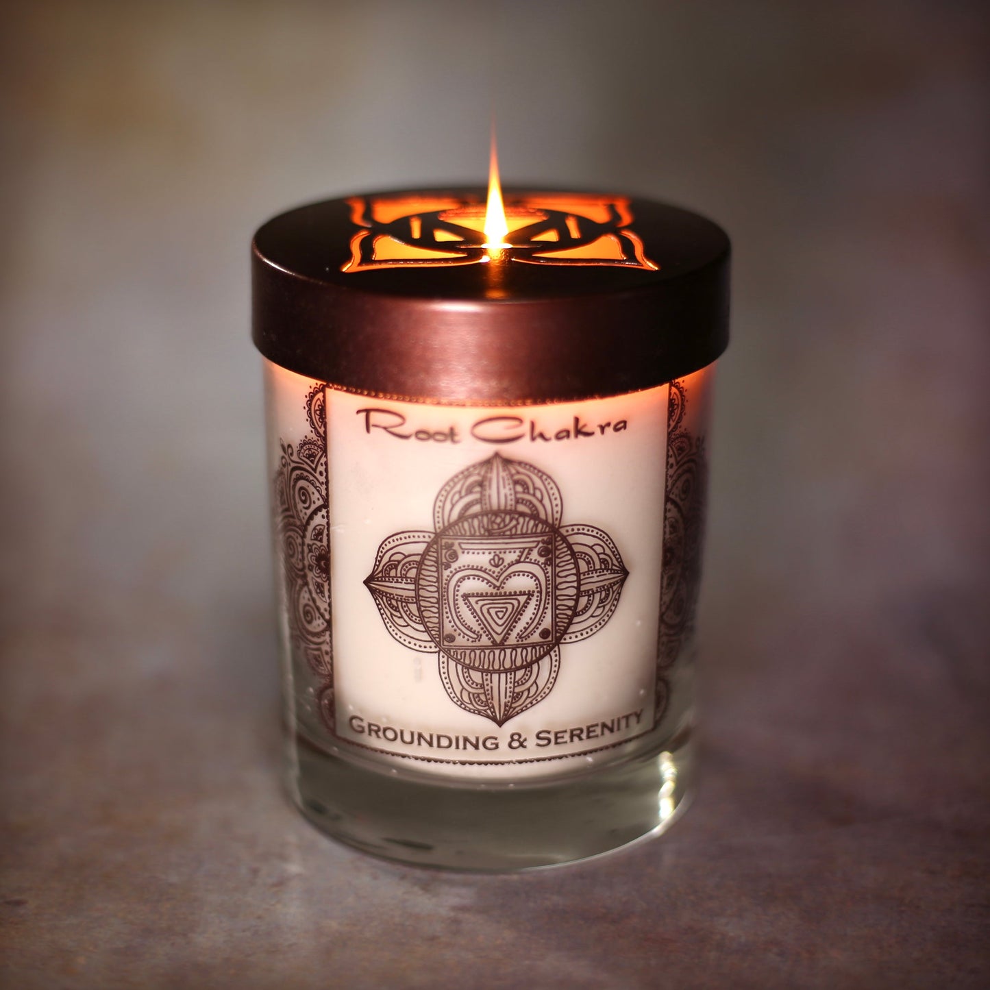 Prabhuji Root Chakra Muladhara | Soy Candle for Chakra Meditation with Essential Oils |  Sandalwood | Grounding and Serenity - 10.5oz