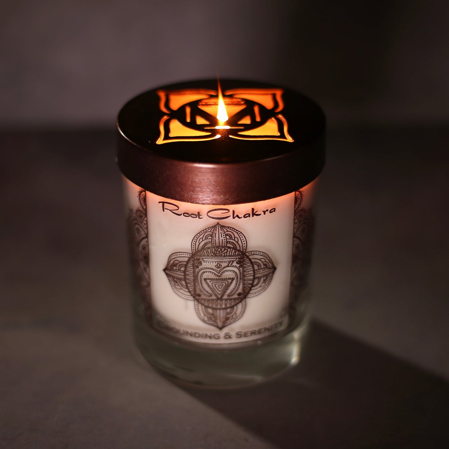 Prabhuji Root Chakra Muladhara | Soy Candle for Chakra Meditation with Essential Oils |  Sandalwood | Grounding and Serenity - 10.5oz