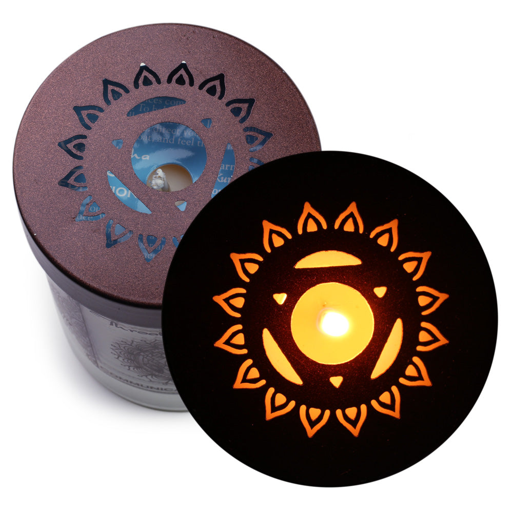 Soy Candle for Chakra Meditation Scented with Essential Oils | Throat Chakra Vishuddha | Woods & Amber | Communication and Wisdom - 10.5oz - Wholesale and Retail Prabhuji's Gifts 