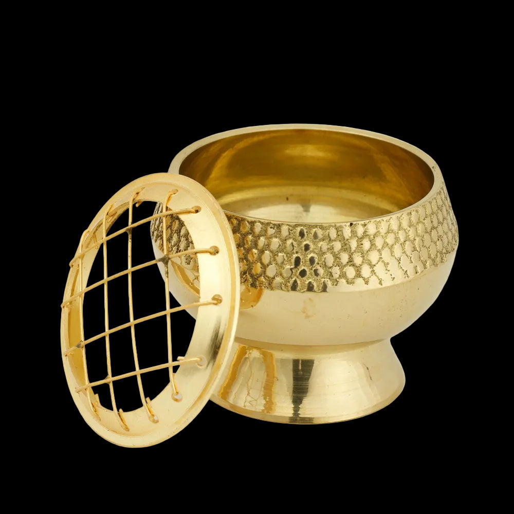 Burner - Embossed Brass Burner, Medium Base, Net Top 2.25"Hx2.5"D - Wholesale and Retail Prabhuji's Gifts  - Mystic Journey Path