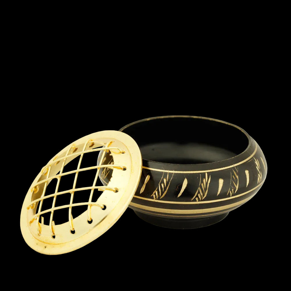 Burner - Black Brass Burner, Low Base, Feather Engraving, Net Top 1.25"Hx2.25"D - Wholesale and Retail Prabhuji's Gifts  - Mystic Journey Path