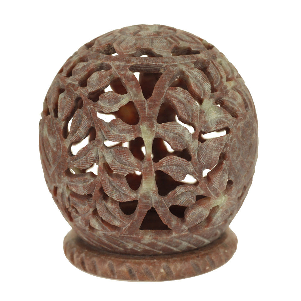 Burner for Cones and Candle Holder - Soapstone Carved T-Lite Ball - Leaves 3 inches - Wholesale and Retail Prabhuji's Gifts 