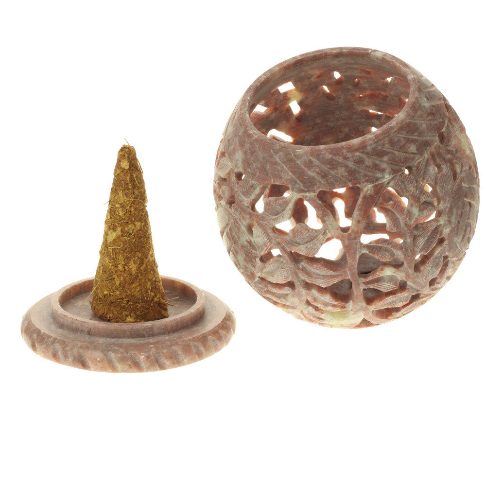 Burner for Cones and Candle Holder - Soapstone Carved T-Lite Ball - Leaves 3 inches - Wholesale and Retail Prabhuji's Gifts 