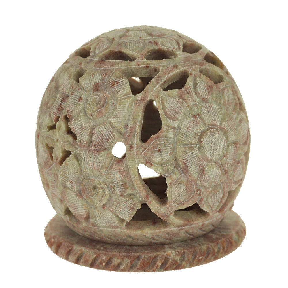 Burner for Cones and Candle Holder - Soapstone Carved T-Lite Ball - Flowers 3 inches - Wholesale and Retail Prabhuji's Gifts 