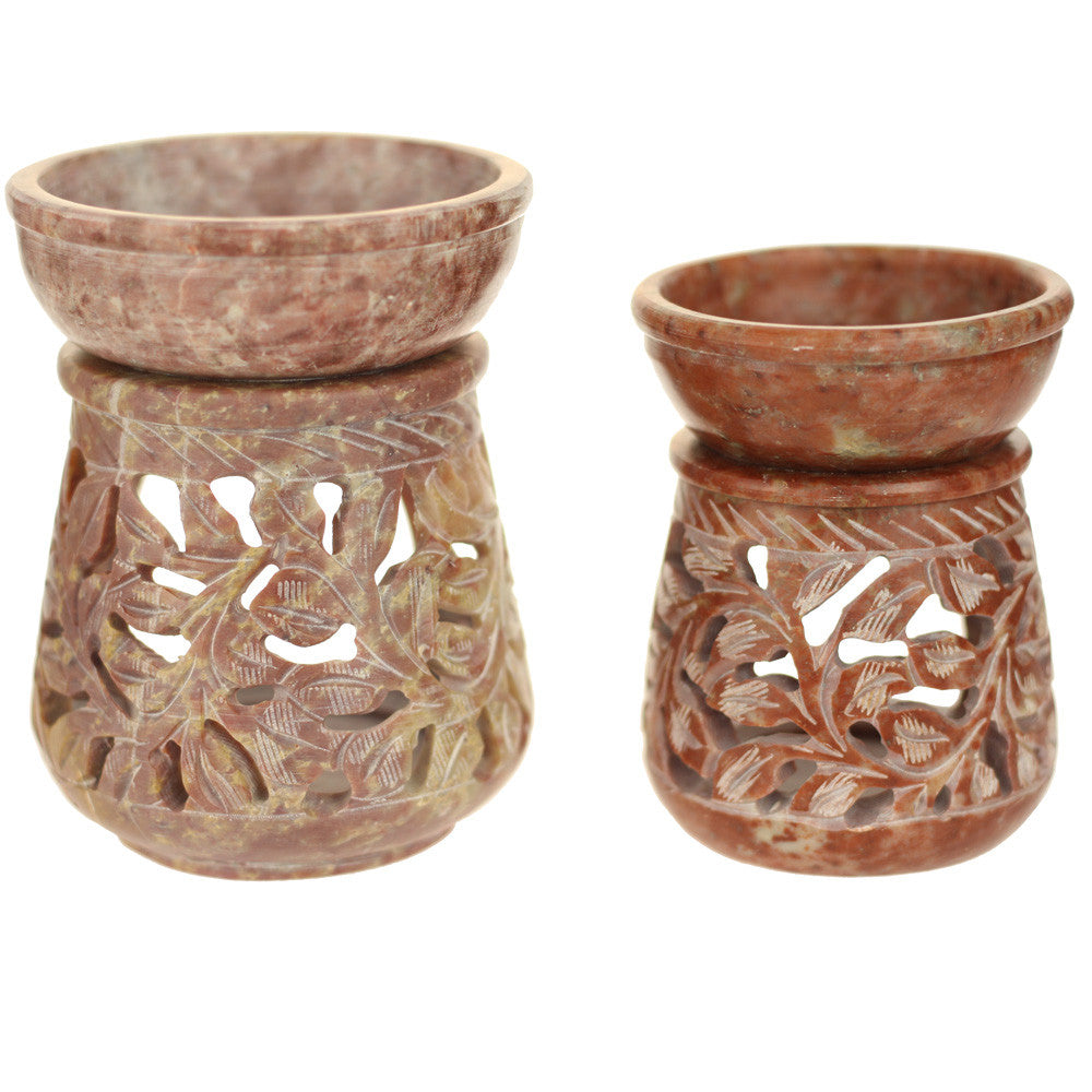 Oil Diffuser - Natural Soapstone Oil Burner Round Leaves 3.25" - Wholesale and Retail Prabhuji's Gifts 