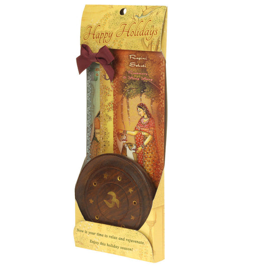 Incense Gift Set - Wood Round Burner + 3 Harmony Incense Sticks & Holiday Greeting (Madhumadhavi, Sehuti, Padmanjari) - Wholesale and Retail Prabhuji's Gifts 