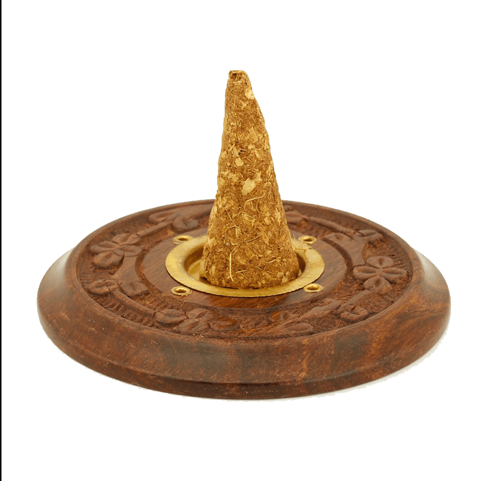 Prabhuji Incense Burner - Wooden Round Plate Flowers - 4 inches - Mystic Journey Path