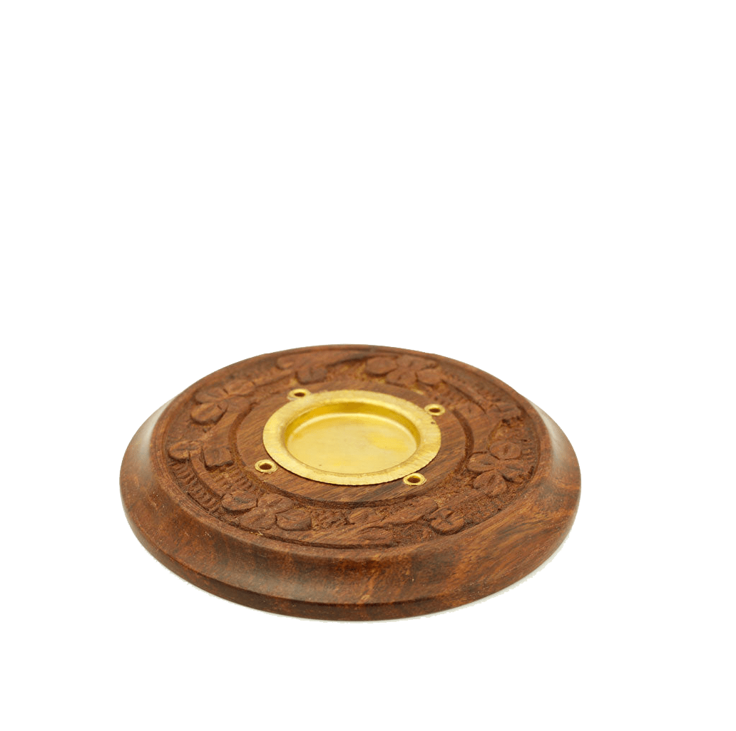 Prabhuji Incense Burner - Wooden Round Plate Flowers - 4 inches - Mystic Journey Path