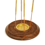 Prabhuji Incense Burner - Wooden Round Plate Flowers - 4 inches - Mystic Journey Path