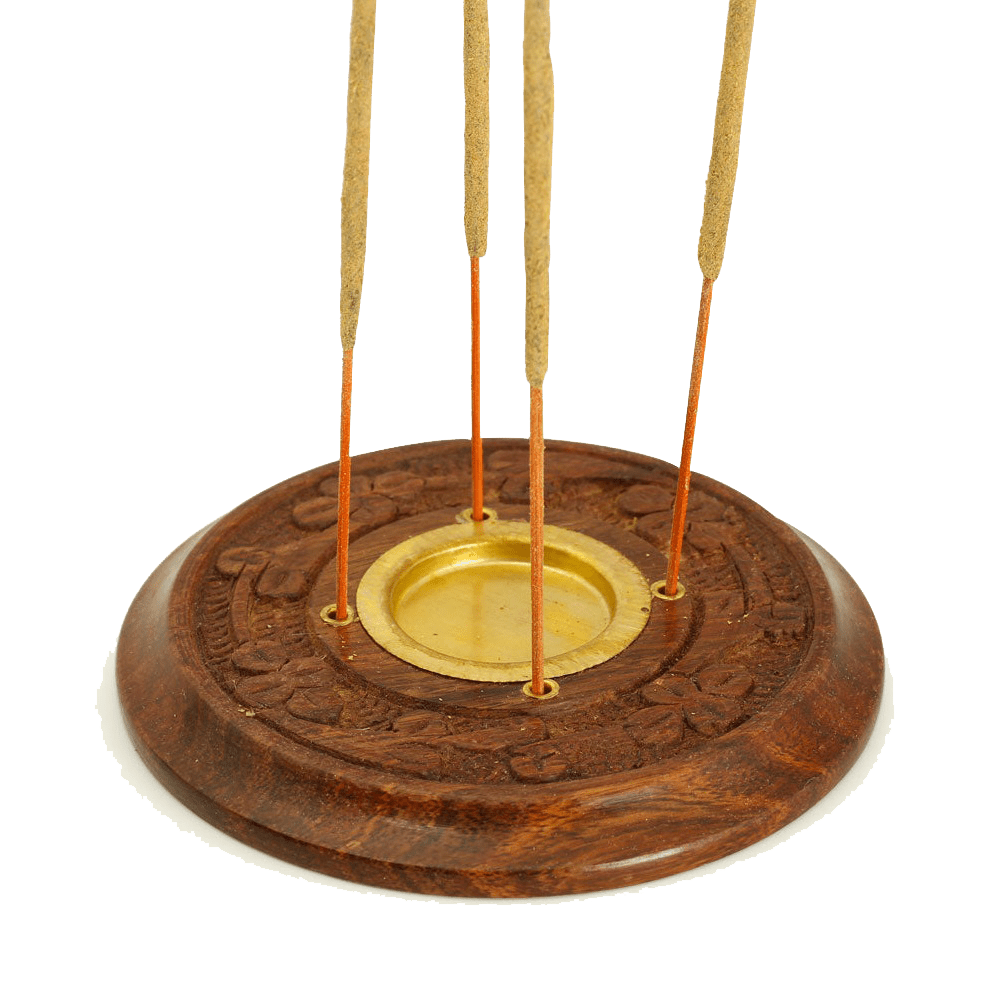 Prabhuji Incense Burner - Wooden Round Plate Flowers - 4 inches - Mystic Journey Path