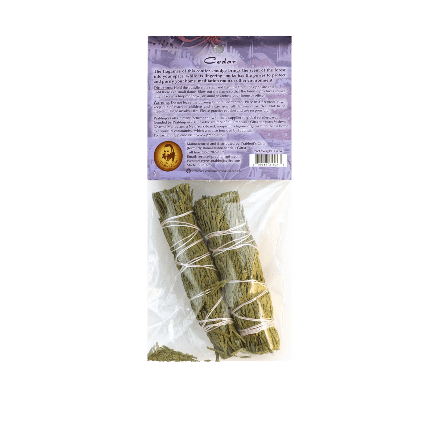 Prabhuji Smudging Herbs - Cedar Smudge Stick - 2 Mini Bundles - Mystic Journey Path